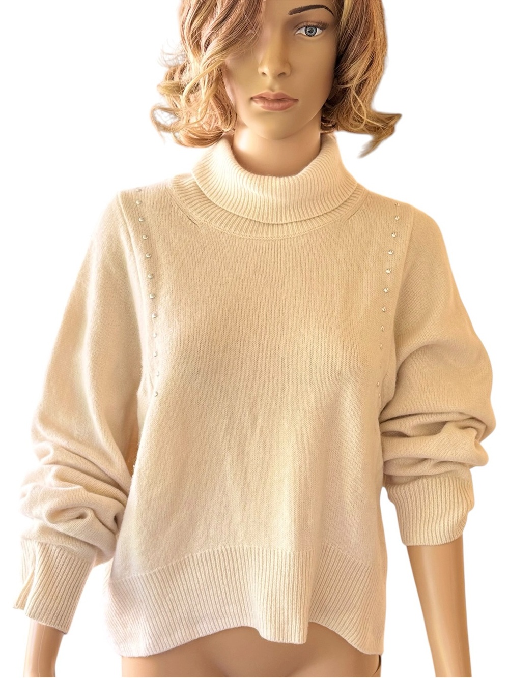 The Kooples Paris Cashmere Turtleneck Sweater with Silver Tone Piercing Womens L
